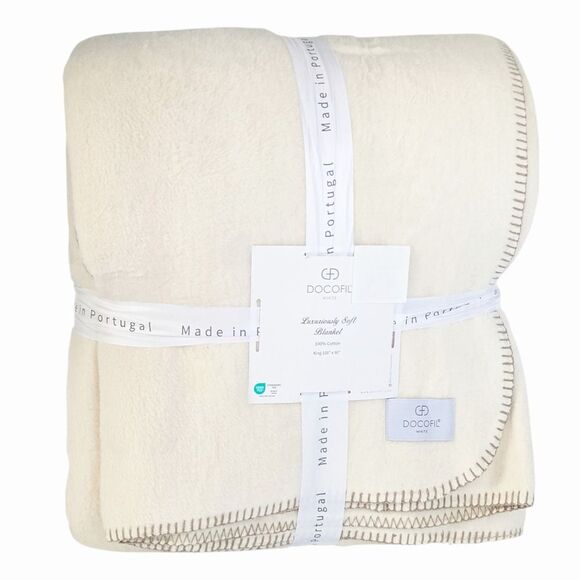 Docofil White King Size Cream Luxuriously Cotton Soft Blanket Made In Portugal - Picture 3 of 12